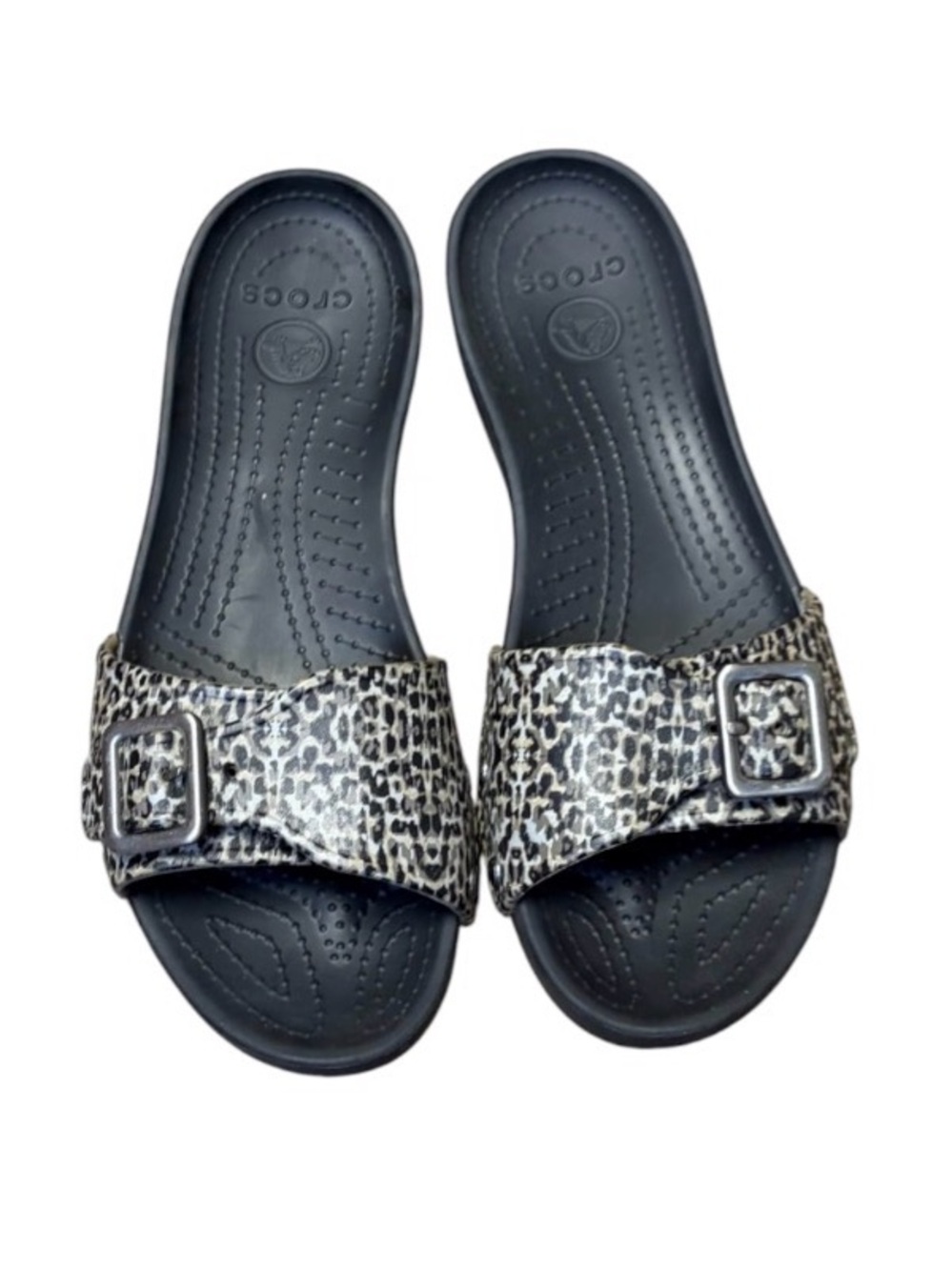 Crocs Sarah Leopard Print Slides Womens 10 Black Beige Buckle Sandals - Picture 2 of 10